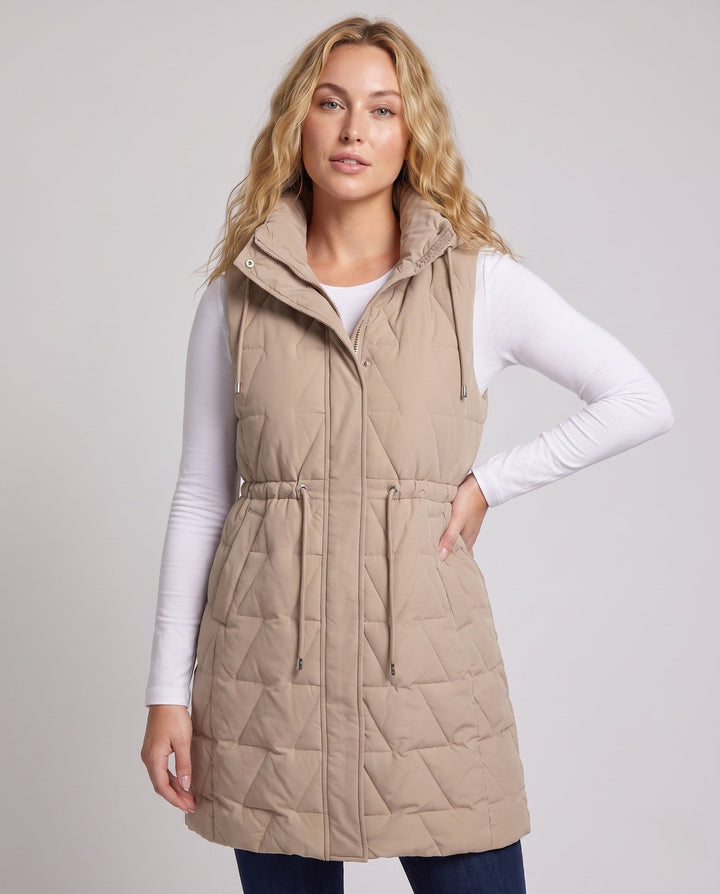 Dam Longer Quiltad Sleeveless med Huva Kappa med Waist Cord