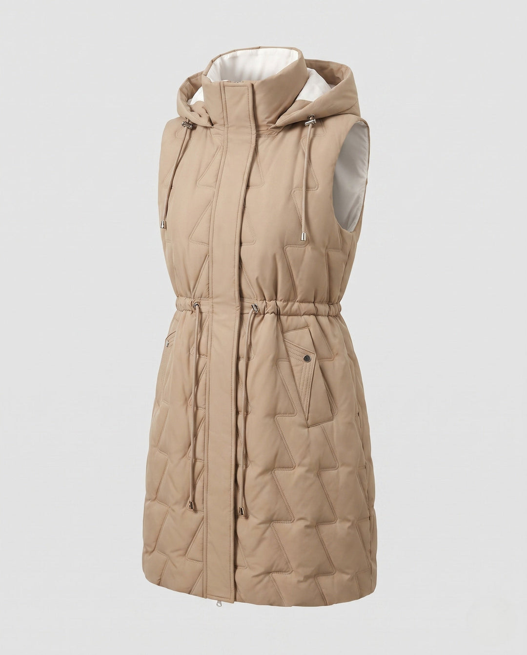 Dam Longer Quiltad Sleeveless med Huva Kappa med Waist Cord