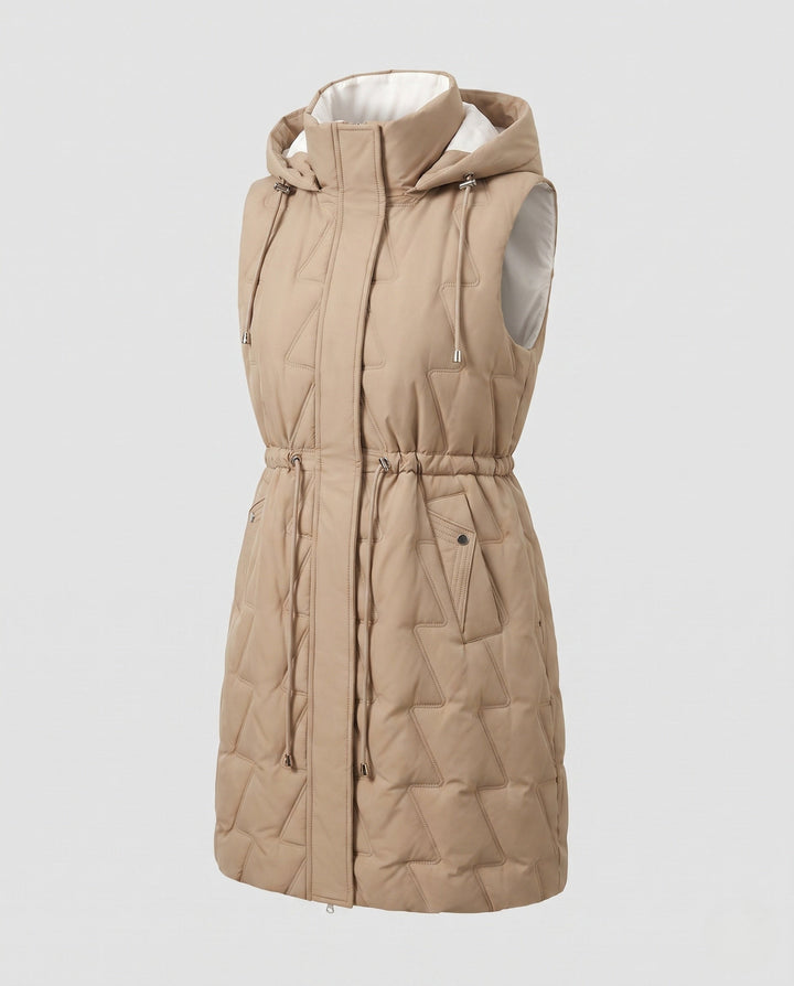 Dam Longer Quiltad Sleeveless med Huva Kappa med Waist Cord