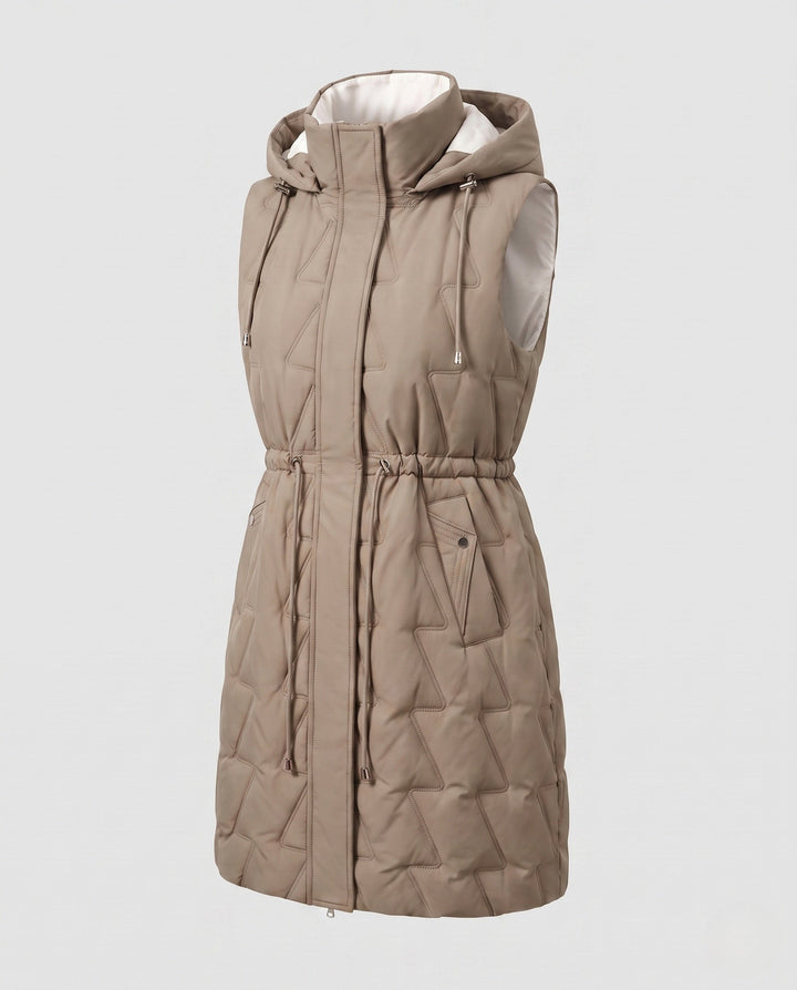 Dam Longer Quiltad Sleeveless med Huva Kappa med Waist Cord