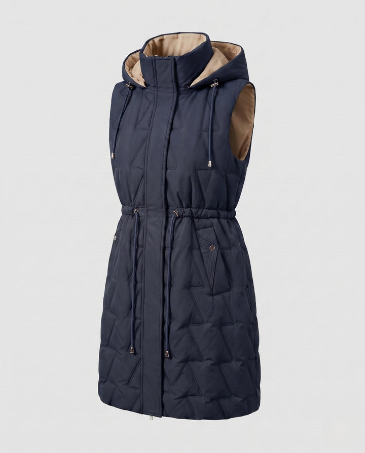 Dam Longer Quiltad Sleeveless med Huva Kappa med Waist Cord