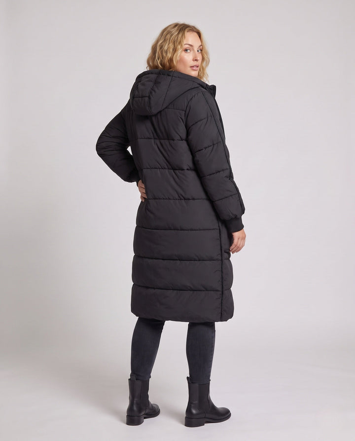 Dam Longer Vadderad med Huva Kappa med Oversize Patch Fickor, Elastic Muddar, och Dold Two-Way Dragkedja