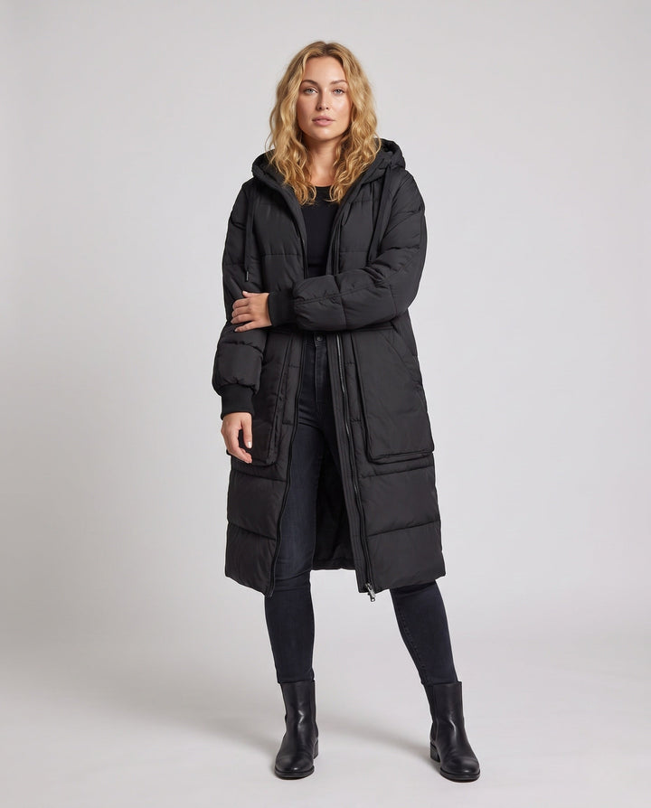 Dam Longer Vadderad med Huva Kappa med Oversize Patch Fickor, Elastic Muddar, och Dold Two-Way Dragkedja