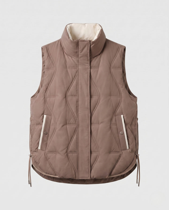Dam Lätt Vadderad Outdoor Quiltad Väst med Asymmetric Front Panel och Side Drawstring