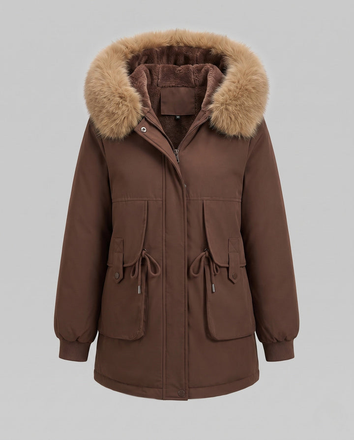 Dam Mid-Length Thermoparka med Voluminous Faux Fur Krage, Teddy Inner Foder, och Funktionell Lock Fickor
