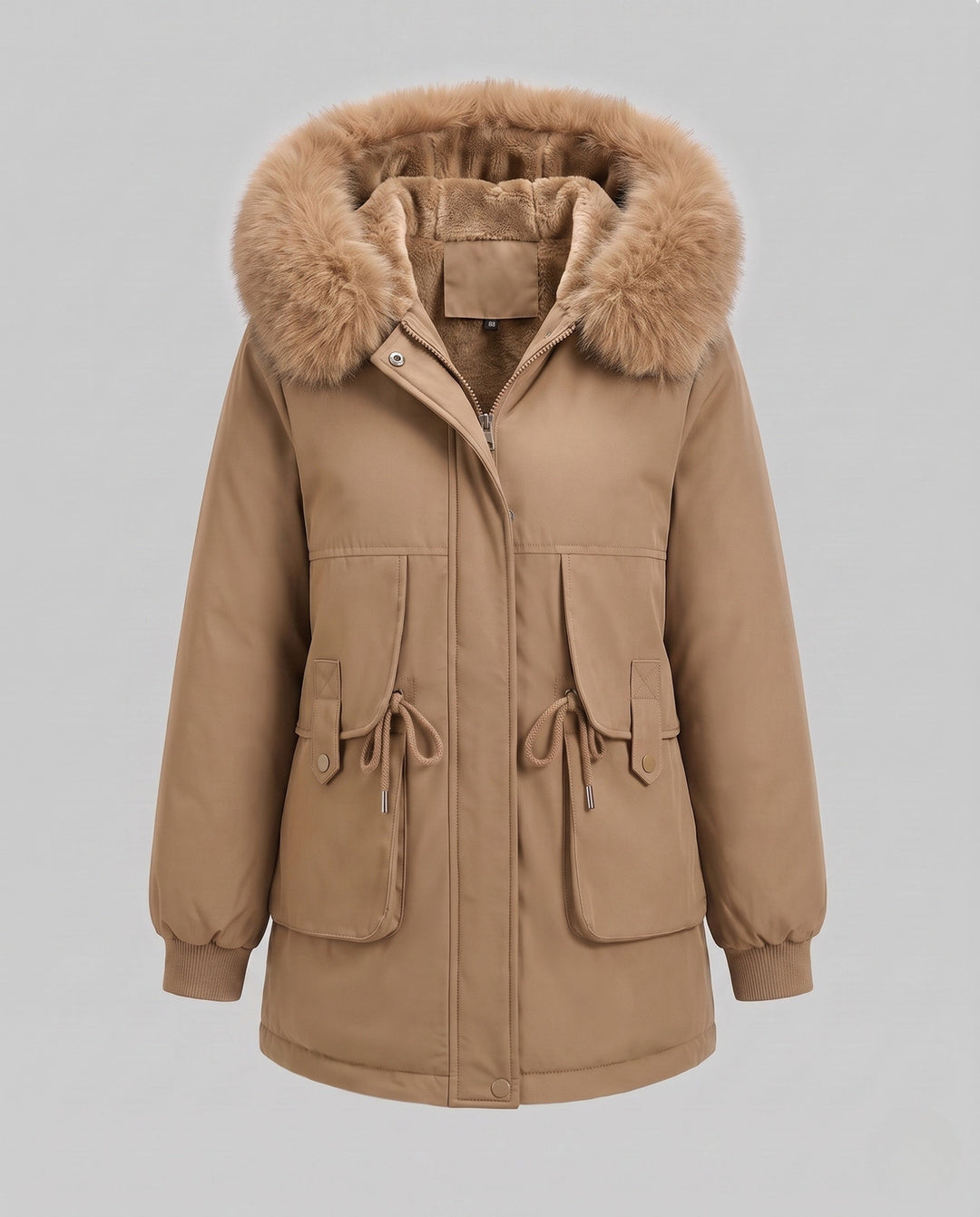 Dam Mid-Length Thermoparka med Voluminous Faux Fur Krage, Teddy Inner Foder, och Funktionell Lock Fickor