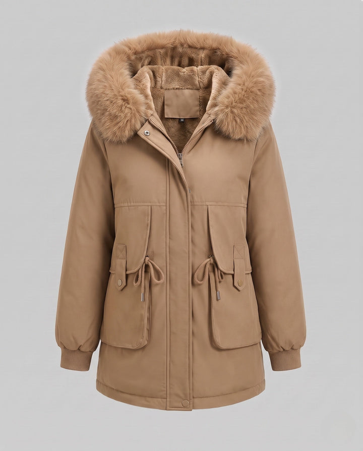 Dam Mid-Length Thermoparka med Voluminous Faux Fur Krage, Teddy Inner Foder, och Funktionell Lock Fickor