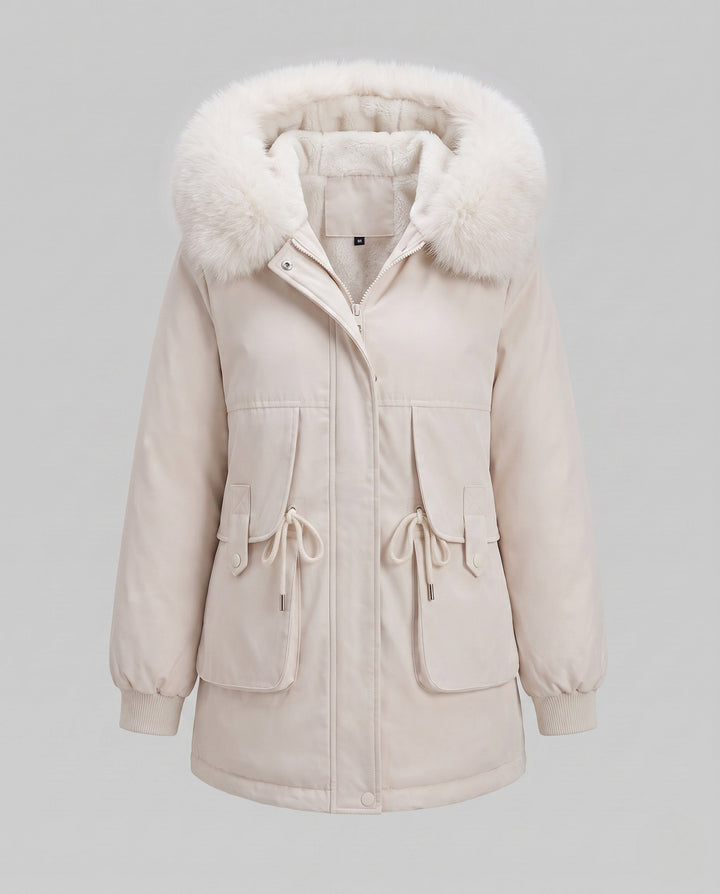 Dam Mid-Length Thermoparka med Voluminous Faux Fur Krage, Teddy Inner Foder, och Funktionell Lock Fickor