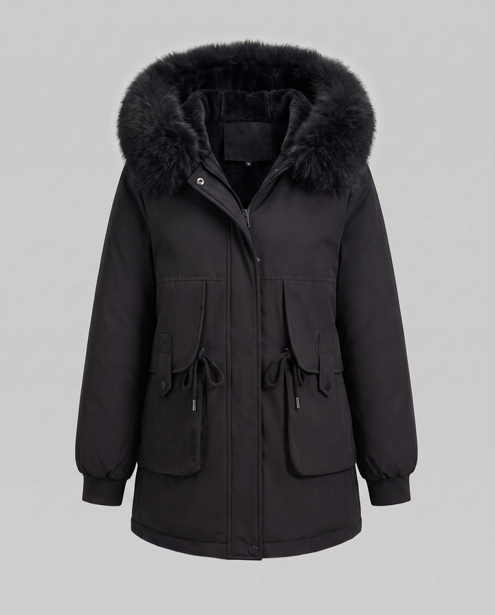 Dam Mid-Length Thermoparka med Voluminous Faux Fur Krage, Teddy Inner Foder, och Funktionell Lock Fickor