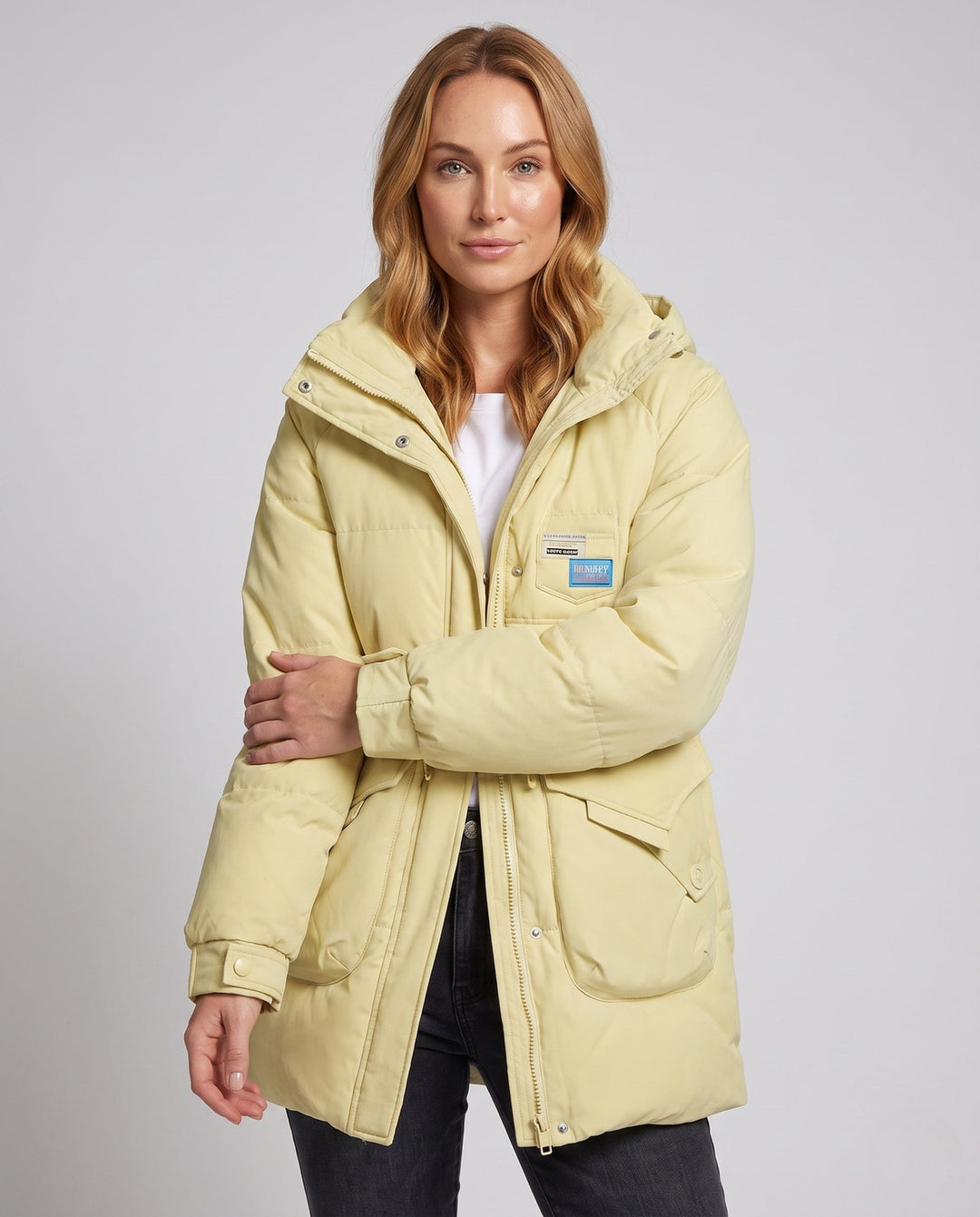 Dam Oversize Thermoparkas med Huva, Stora Lock Fickor, och Elastic Ärm Muddar