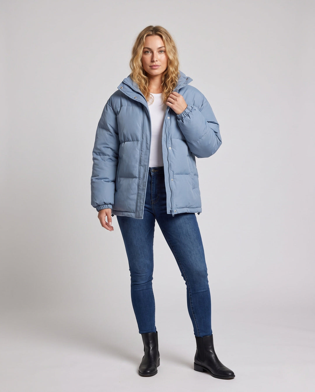 Dam Urban Boxig Puffer med Double-Layer Huva och Dold Tryckknapp Knapp Knäppning
