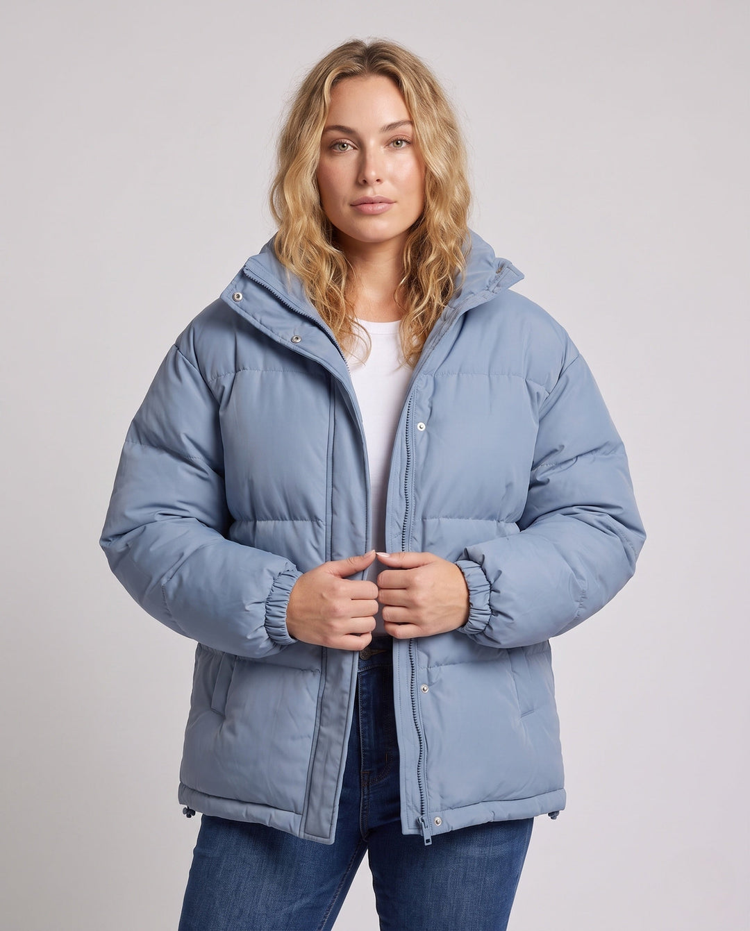 Dam Urban Boxig Puffer med Double-Layer Huva och Dold Tryckknapp Knapp Knäppning