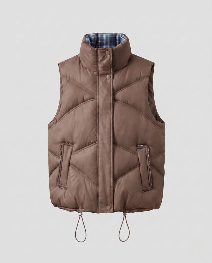 Dam Non-Vadderad Sleeveless Quiltad Väst i Boxig Skärning med Hög Stå Krage, Drawstring Nederkant och Side Slit Fickor