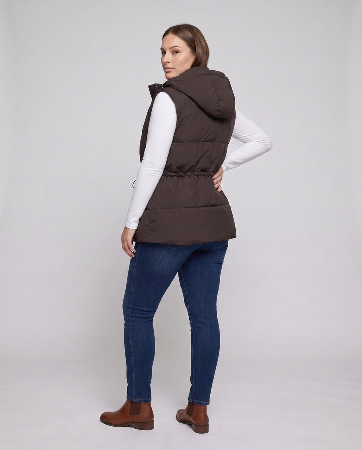 Dam Nano Vadderad Lång Väst med Huva, Drawstring Waist och Two-Way Dragkedja