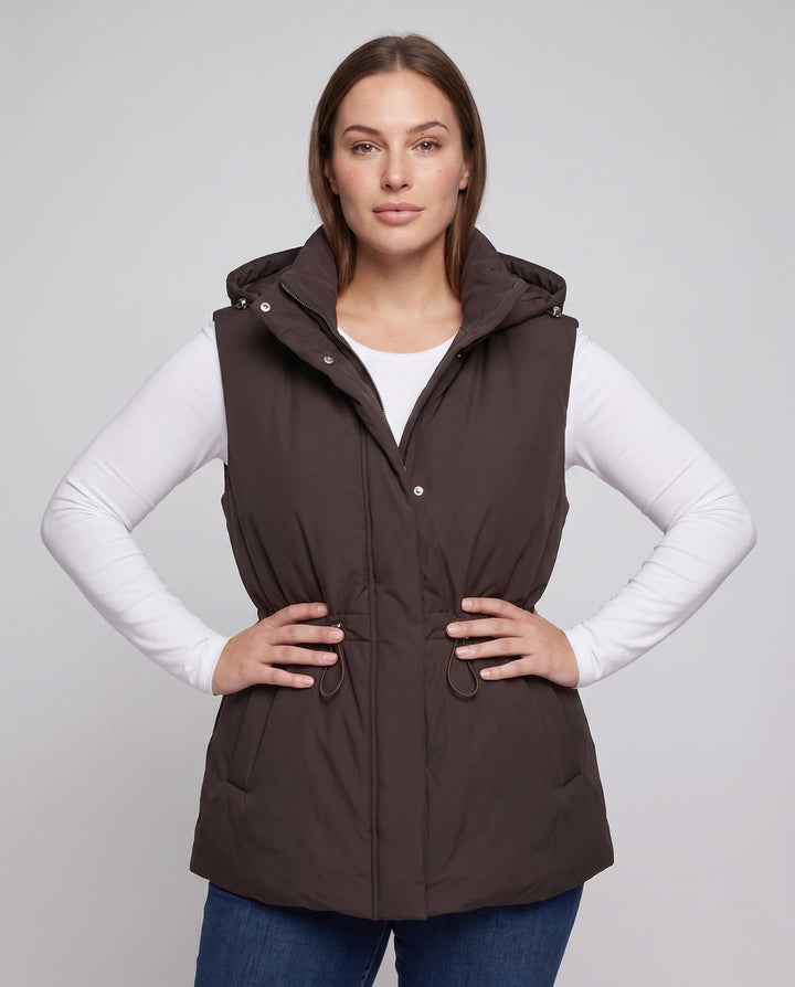 Dam Nano Vadderad Lång Väst med Huva, Drawstring Waist och Two-Way Dragkedja