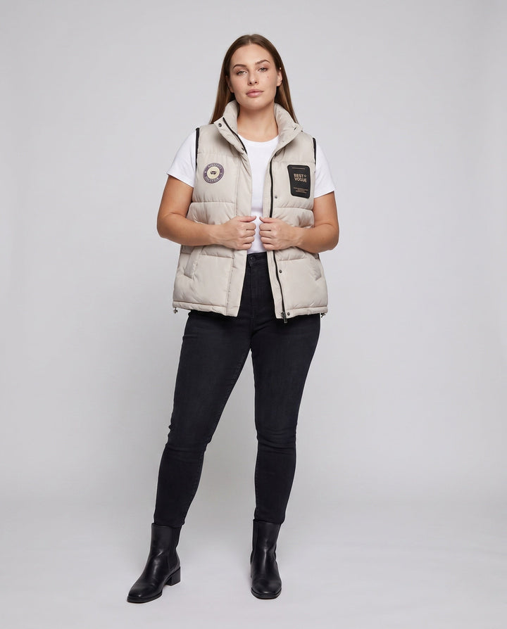 Dam Non-Vadderad Oversize Quiltad Väst med Hög-Krage och Logo Patches