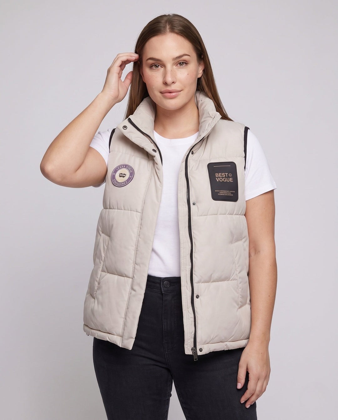 Dam Non-Vadderad Oversize Quiltad Väst med Hög-Krage och Logo Patches