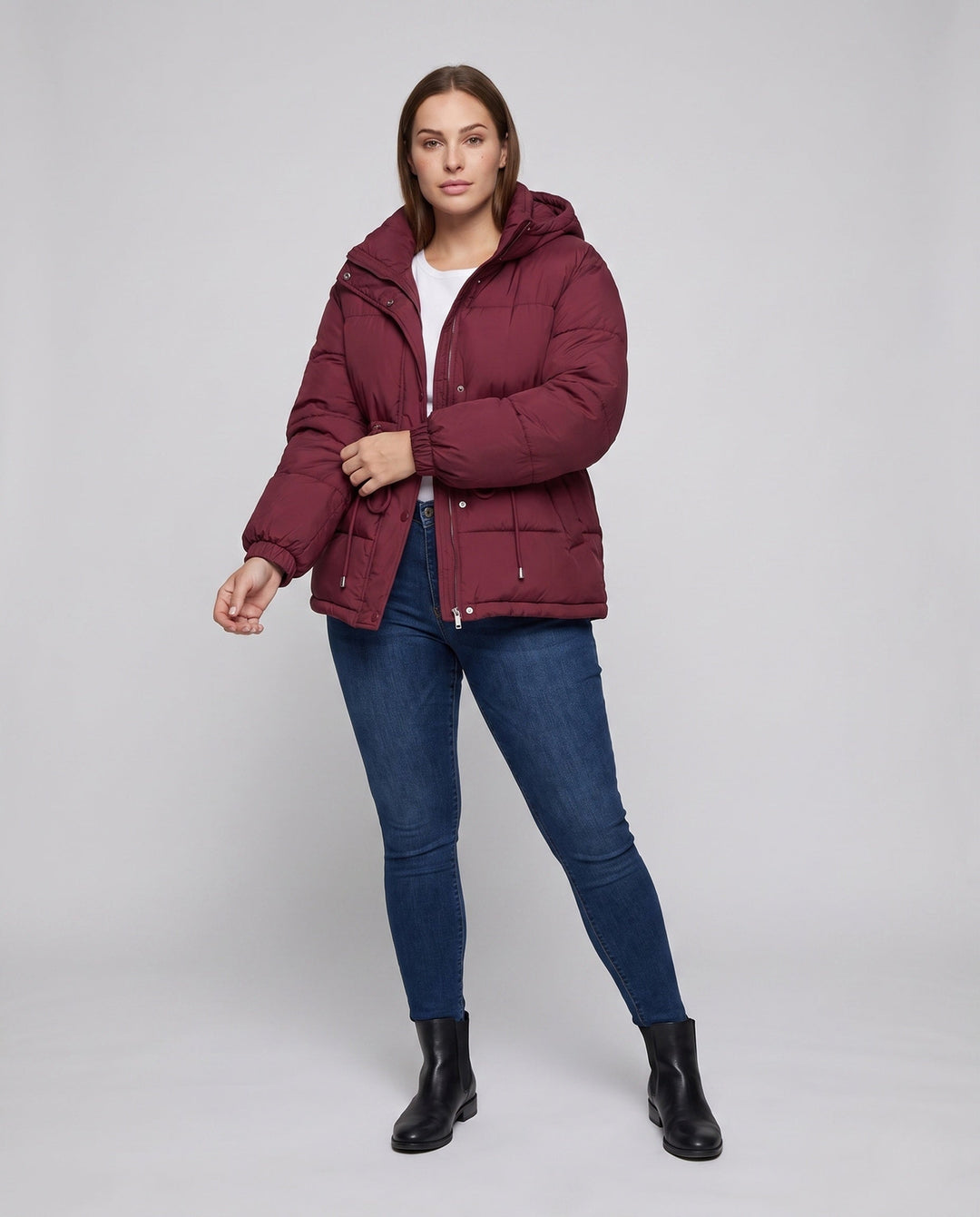 Dam Vadderad med Huva Parka i Boxig Skärning med Tapered Drawstring