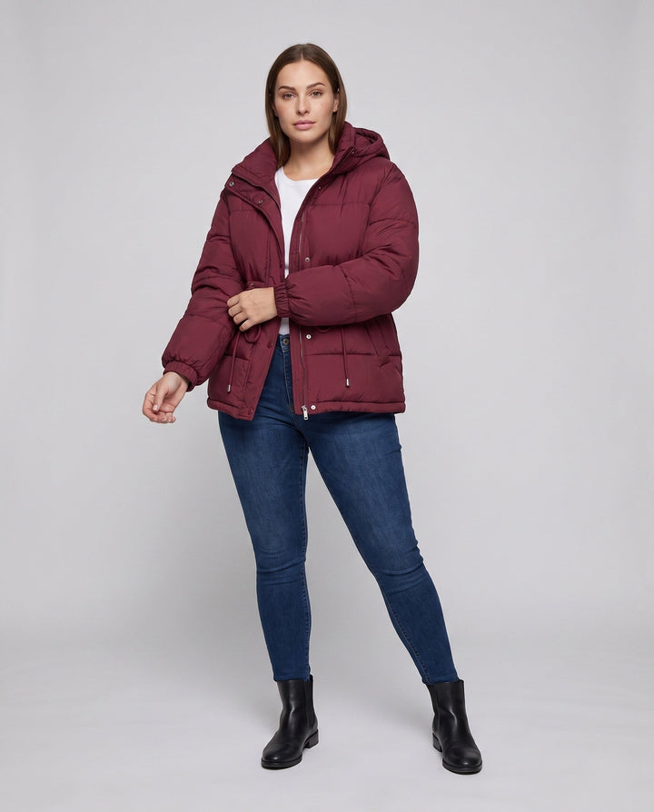 Dam Vadderad med Huva Parka i Boxig Skärning med Tapered Drawstring