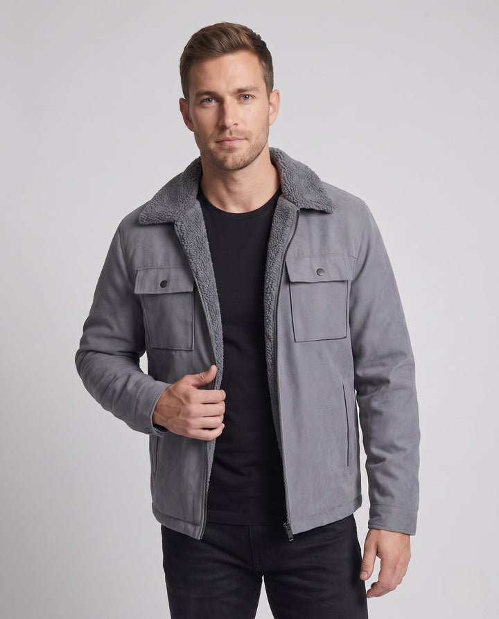 Herr Isolerad Teddy Fleece Arbete Jacka med Ståkrage och Bröst Lock Ficka