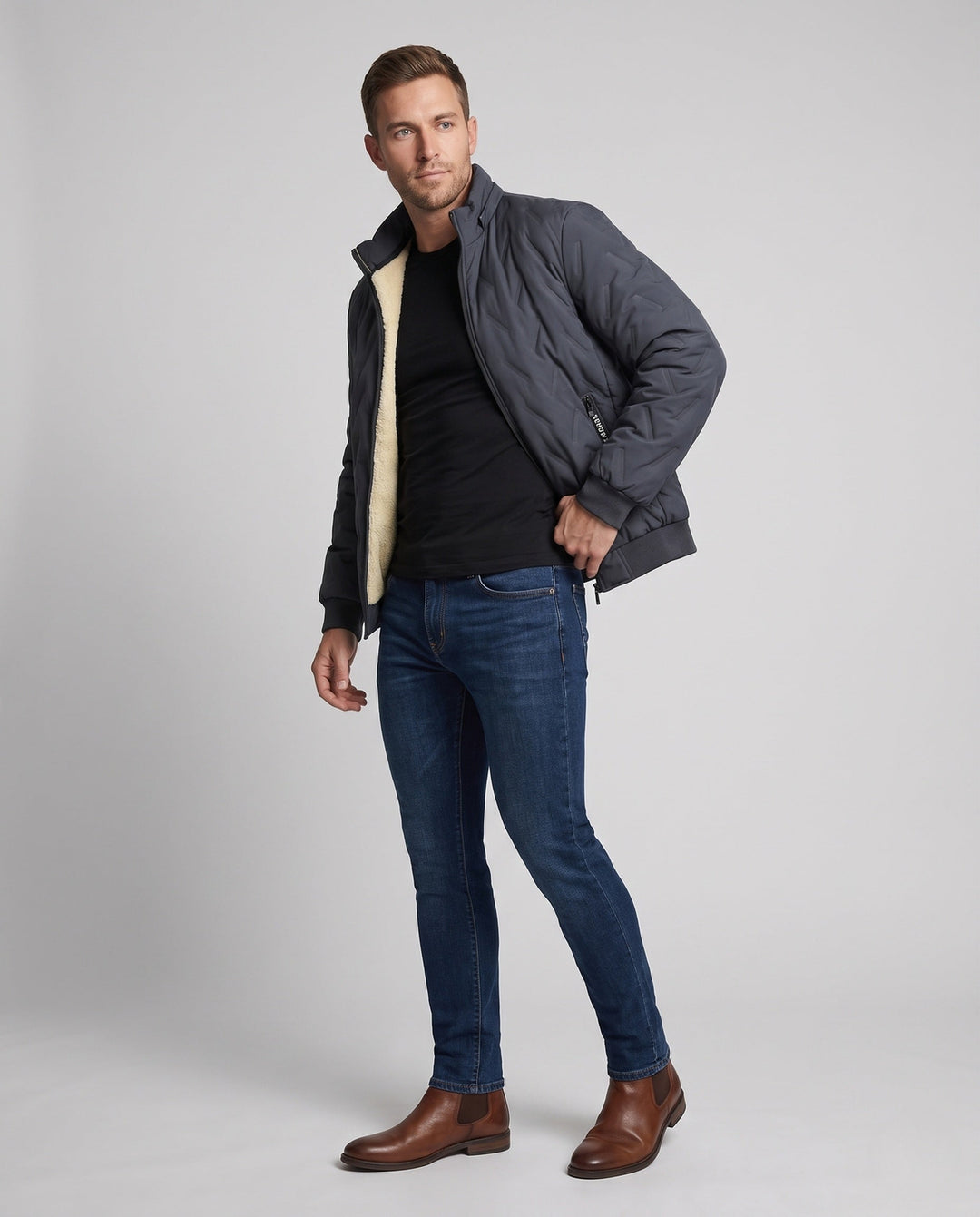 Herr quiltad vinter blouson med Sherpa foder, hög ståkrage, och dold dragkedja fickor