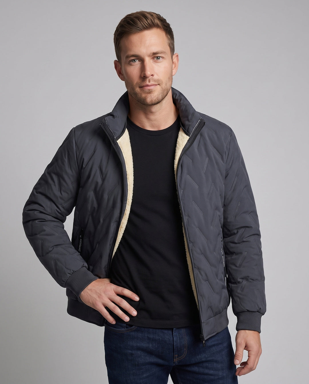 Herr quiltad vinter blouson med Sherpa foder, hög ståkrage, och dold dragkedja fickor