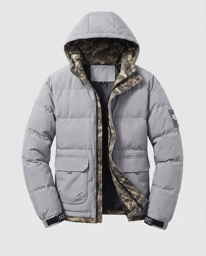 Herr Kort Termisk Quiltad Parkas med Huva, Applied Lockfickor, Dold Fram Slå, och Camouflage-Lined Insida