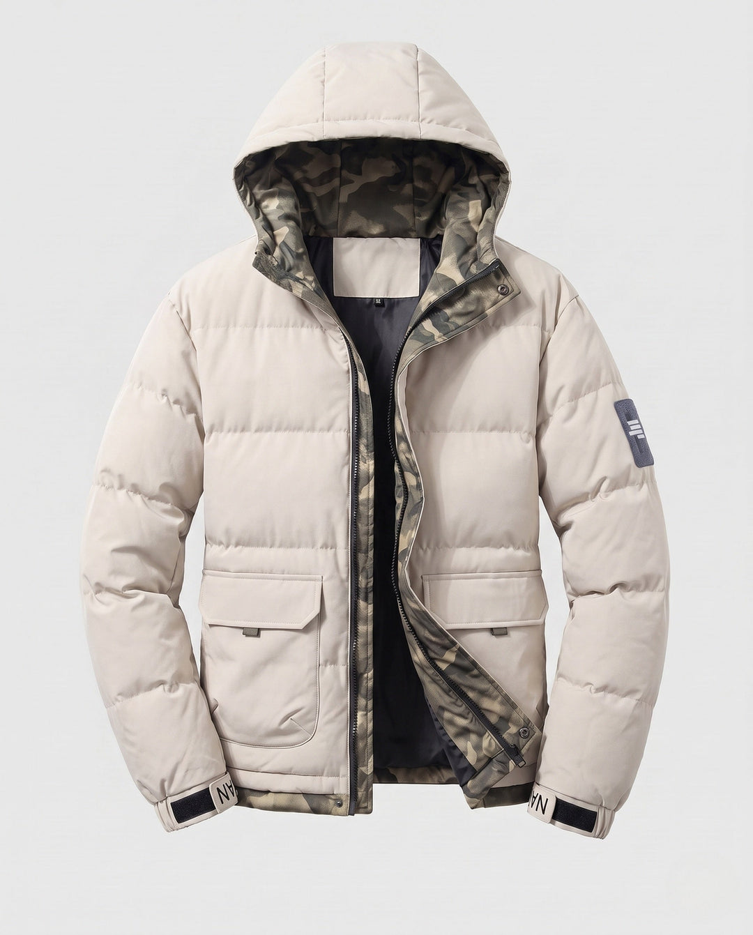Herr Kort Termisk Quiltad Parkas med Huva, Applied Lockfickor, Dold Fram Slå, och Camouflage-Lined Insida