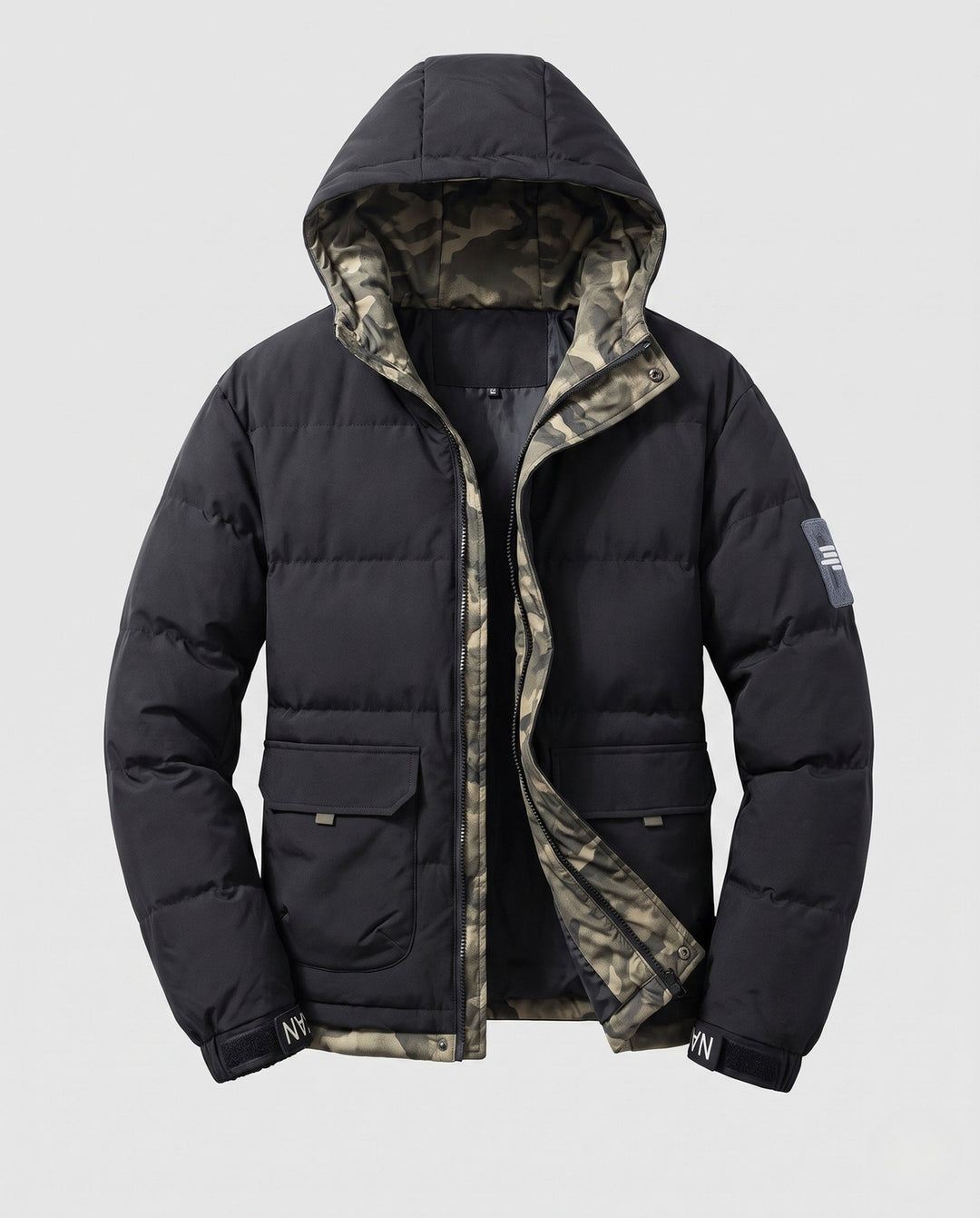 Herr Kort Termisk Quiltad Parkas med Huva, Applied Lockfickor, Dold Fram Slå, och Camouflage-Lined Insida