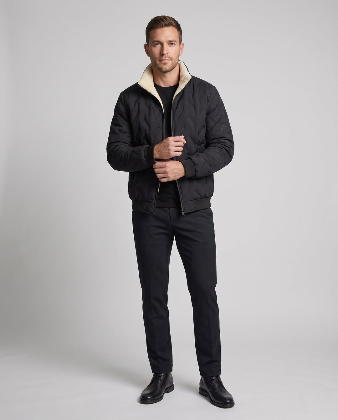 Herr Thermo Ståkrage Blouse Jacka med Värmande Teddyfoder och Dold Dragkedja Fickor