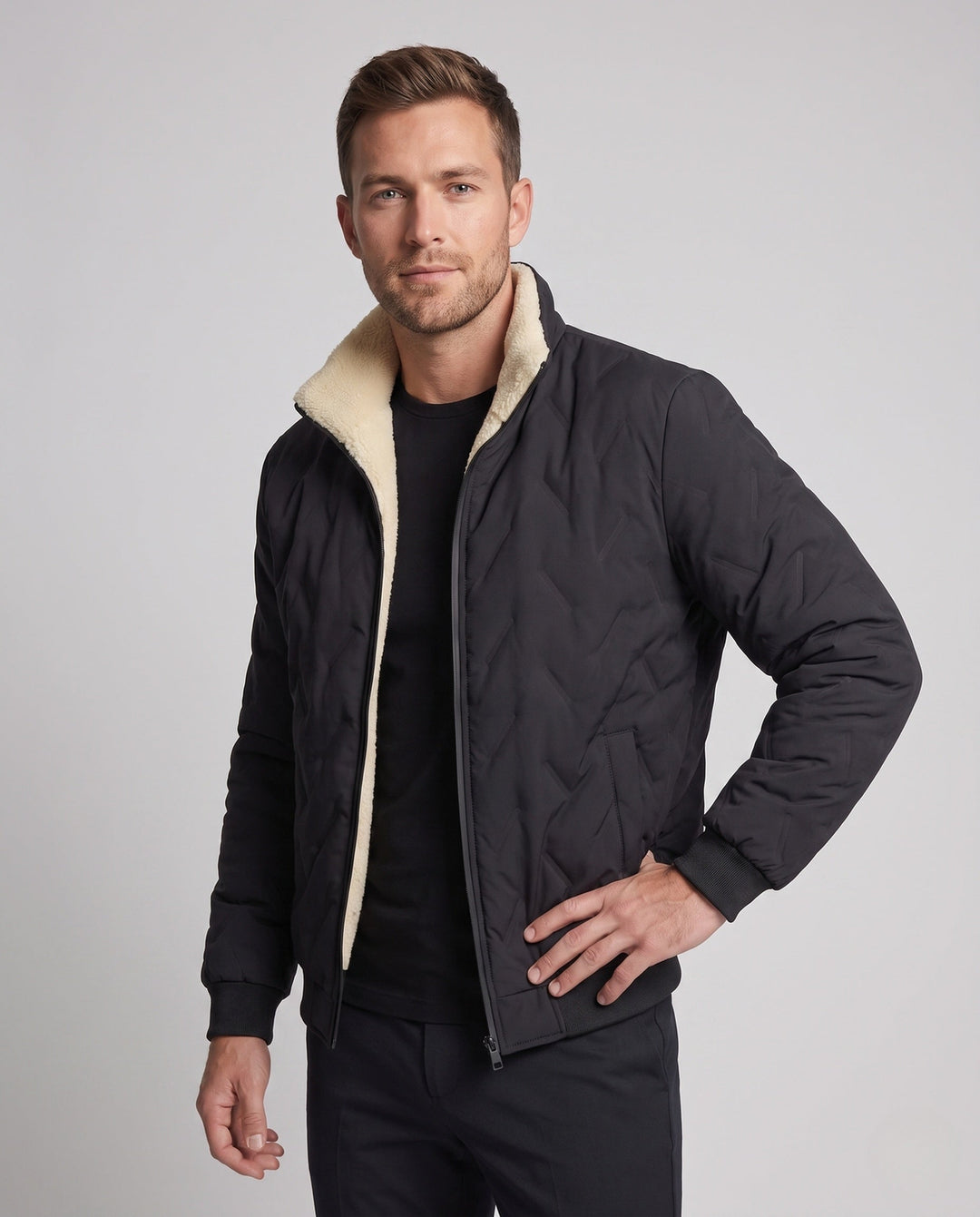 Herr Thermo Ståkrage Blouse Jacka med Värmande Teddyfoder och Dold Dragkedja Fickor