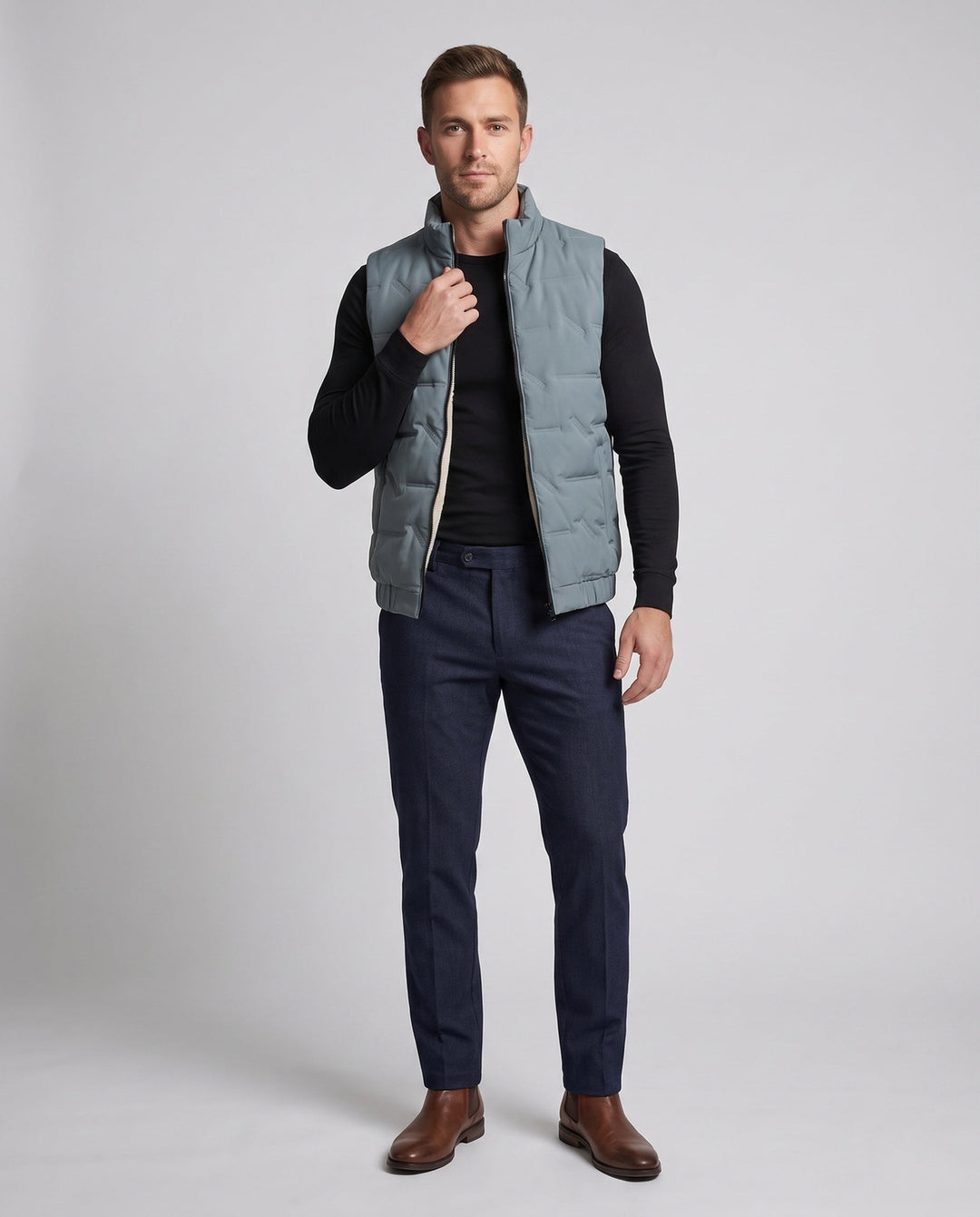 Herr Vadderad Fleece-Fodrad Quiltad Väst med Teddy Innerfoder, Ståkrage, och Dold Dragkedja