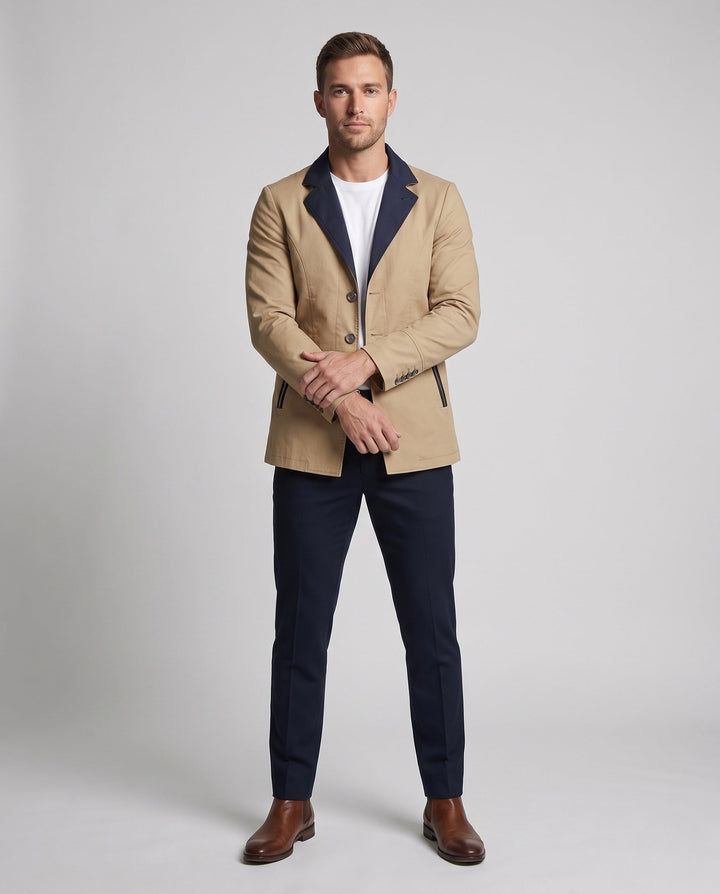 Herr Stilren-Casual Kort Kappa med Kontrast Krage, Dragkedja Fickor och Patterned Foder