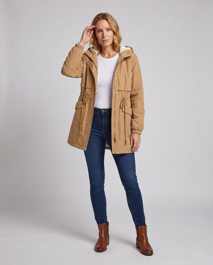 Dam Vind och Transitional Parka med Teddy Huva och Justerbar Waist Drawstring