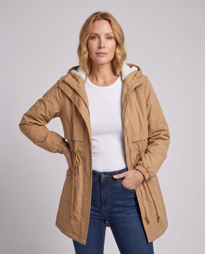 Dam Vind och Transitional Parka med Teddy Huva och Justerbar Waist Drawstring