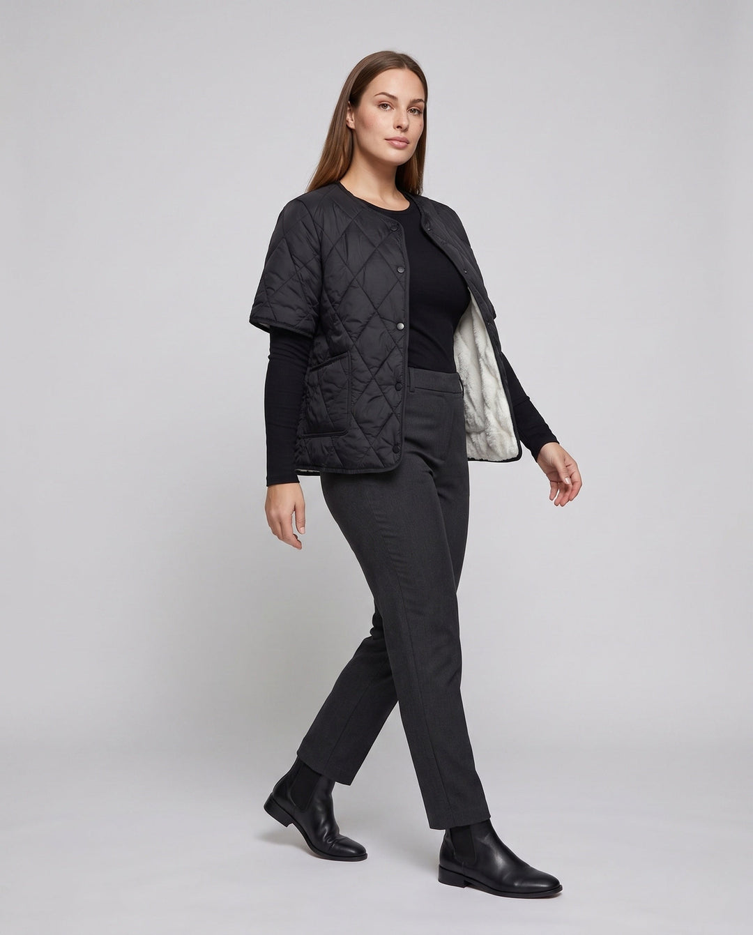 Dam Kort Sleeved Quiltad Väst med Teddy Foder