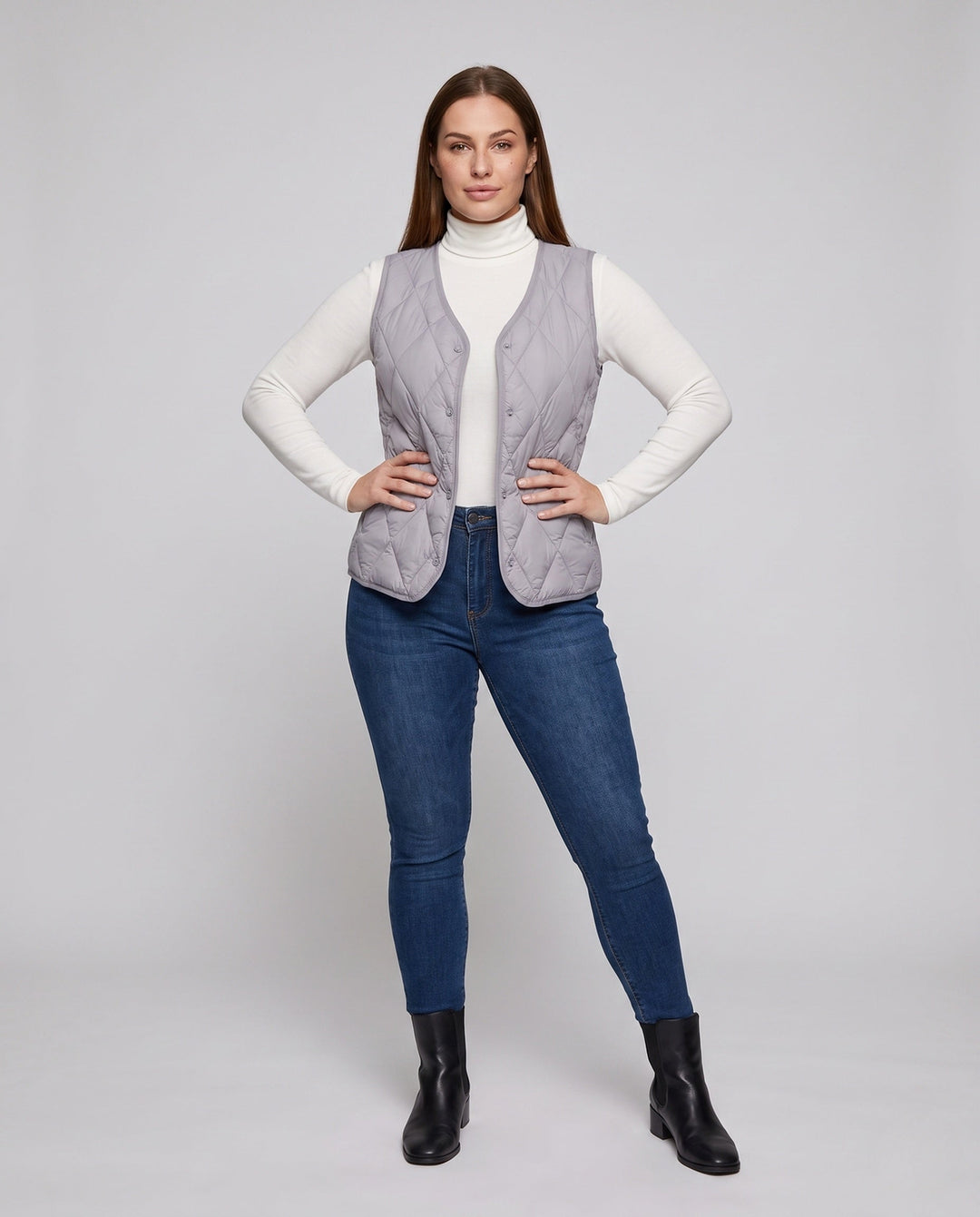 Dam Lightly Quiltad Transitional Väst med Tryckknapp Knapp Stängning