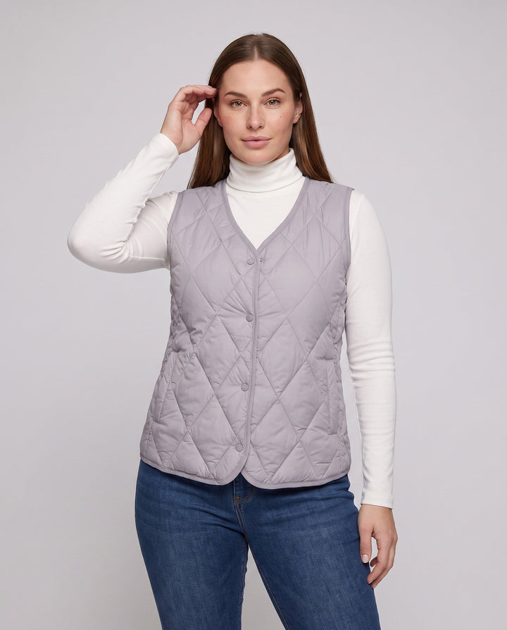 Dam Lightly Quiltad Transitional Väst med Tryckknapp Knapp Stängning