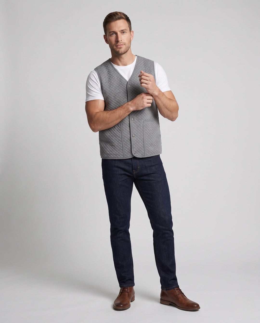 Herr Quiltad Vadderad Väst med V-Neck och Utanpåfickor