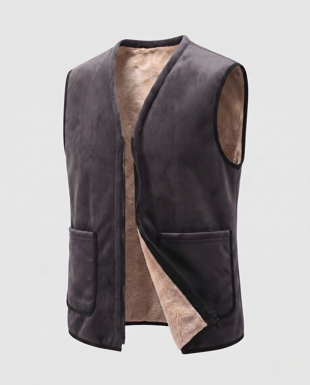 Herr Ärmlös Lambskin Look Väst med Värmande Sherpa Foder och Dold Dragkedja