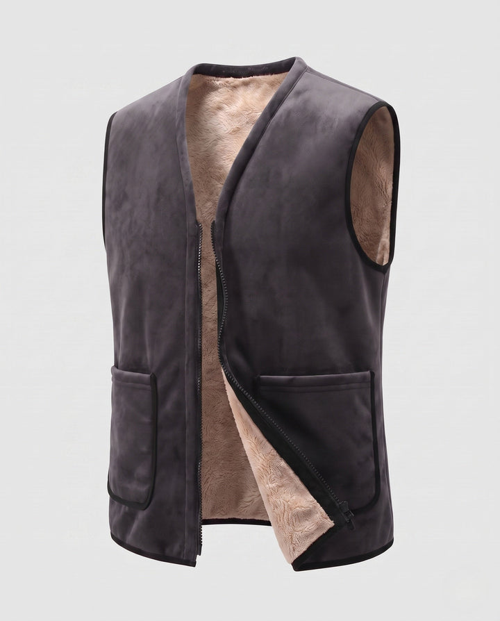 Herr Ärmlös Lambskin Look Väst med Värmande Sherpa Foder och Dold Dragkedja