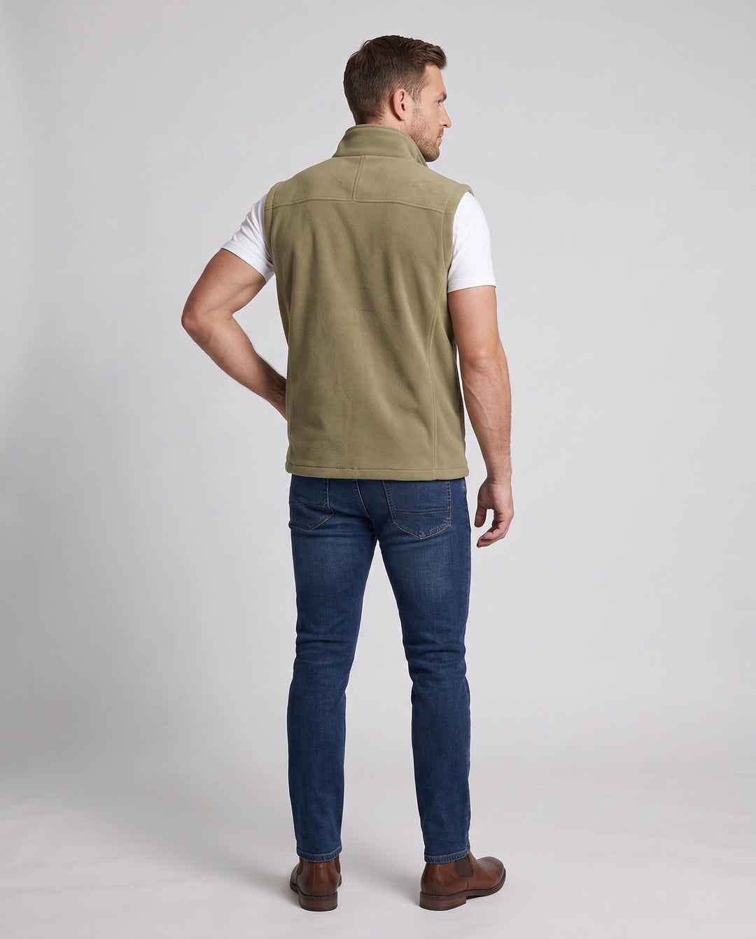 Herr Isolerad Fleece Väst med Ståkrage, Vindtät Foder och Hel Dragkedjaper