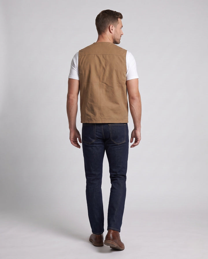 Herr Lätt Canvas Funktion Väst med Flera Fickor, D-Ring, och Mesh Foder
