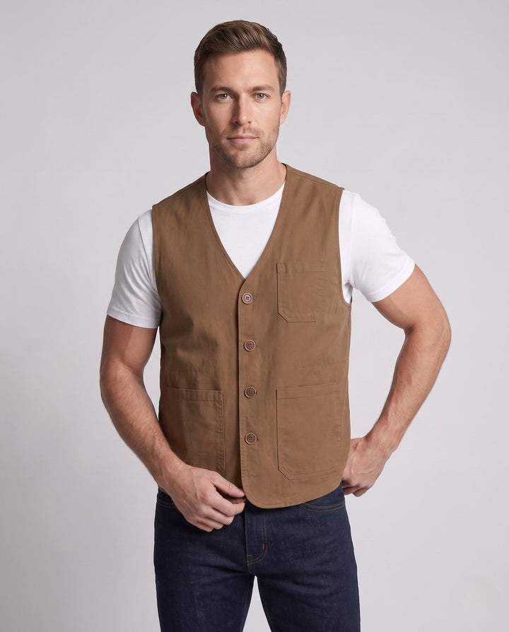 Herr Lätt Canvas Funktion Väst med Flera Fickor, D-Ring, och Mesh Foder