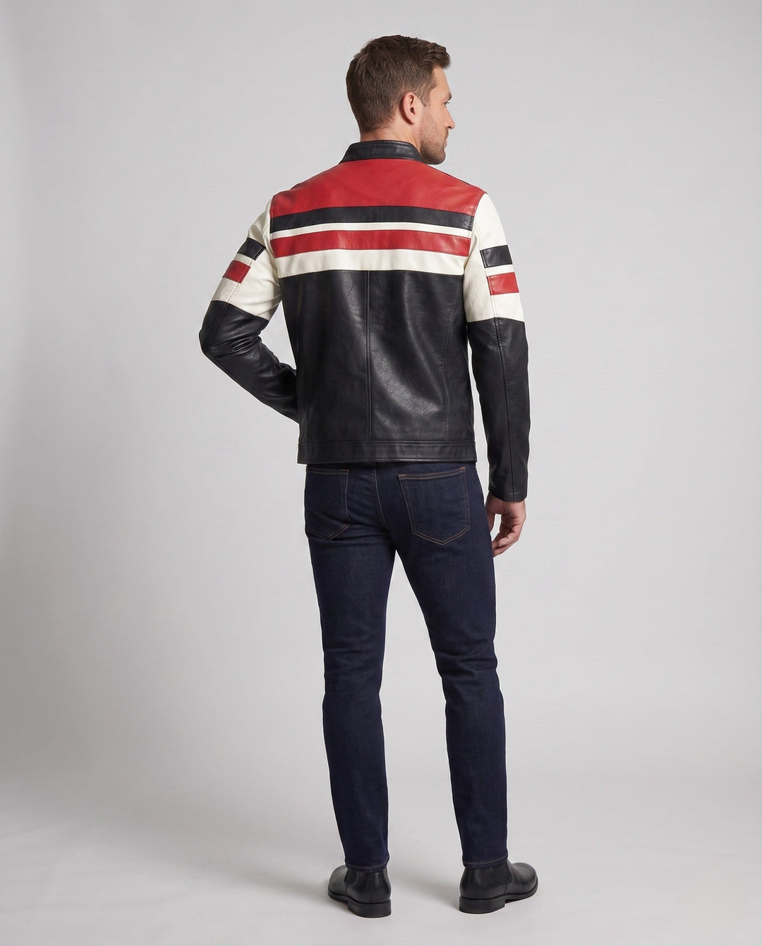 Herr Retro Racing Läderimitation Jacka med Ståkrage och Smal Passform