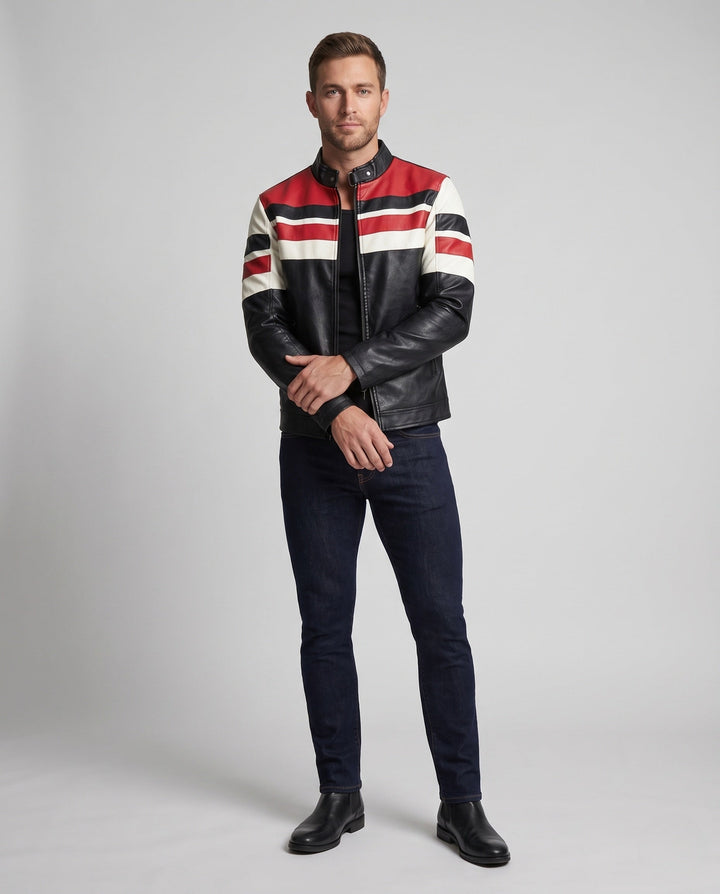 Herr Retro Racing Läderimitation Jacka med Ståkrage och Smal Passform