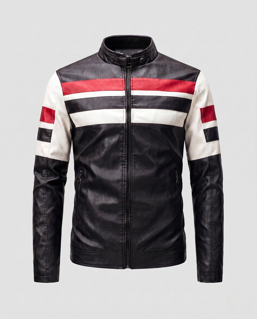 Herr Retro Racing Läderimitation Jacka med Ståkrage och Smal Passform