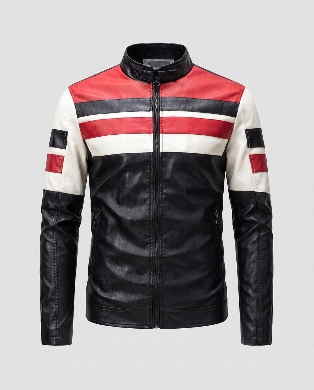 Herr Retro Racing Läderimitation Jacka med Ståkrage och Smal Passform
