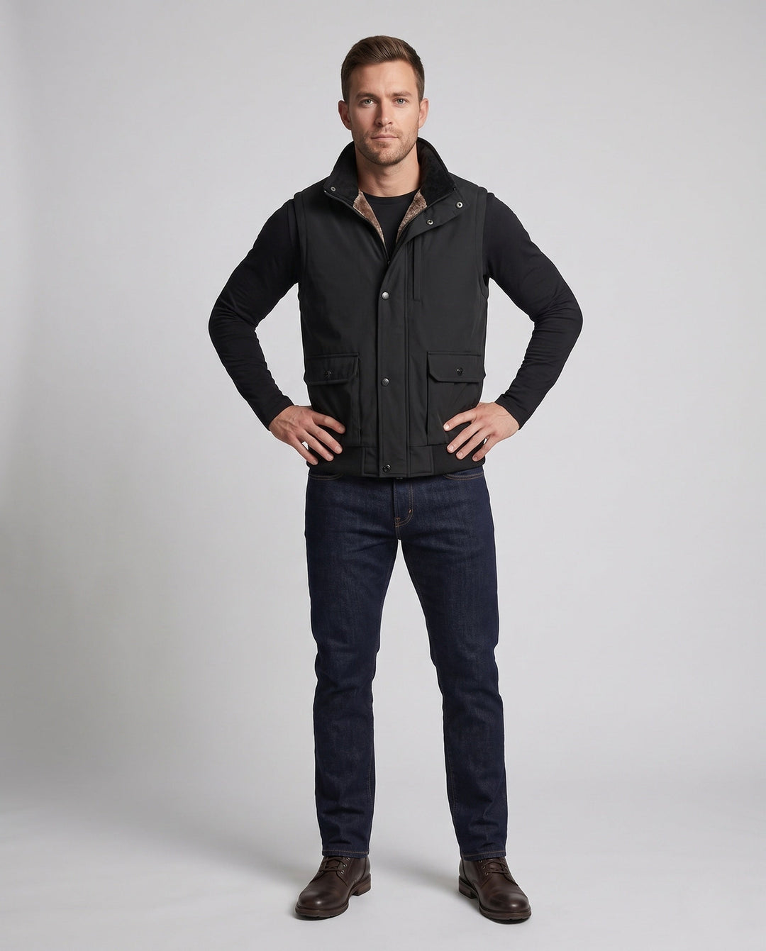 Herr Thermo Fleece Väst med Imitation Päls Foder, Ståkrage och Lockfickor