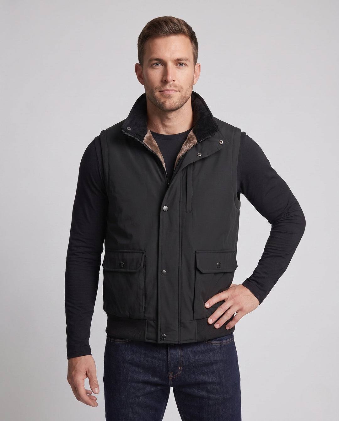 Herr Thermo Fleece Väst med Imitation Päls Foder, Ståkrage och Lockfickor